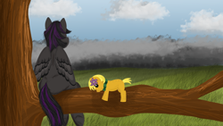 Size: 2560x1440 | Tagged: safe, artist:rainb0wdashie, imported from derpibooru, oc, oc only, oc:arcshine, pony, commission, plushie, sitting, sitting in a tree, solo, tree, tree branch