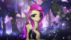 Size: 4096x2304 | Tagged: safe, artist:princeoracle, imported from derpibooru, fluttershy, pegasus, pony, 3d, blushing, cute, female, forest, looking at you, mare, shyabetes