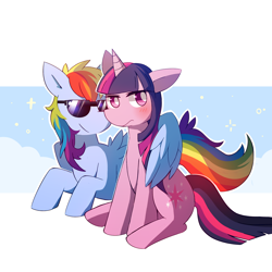 Size: 1800x1800 | Tagged: safe, artist:lupeylycan, imported from derpibooru, rainbow dash, twilight sparkle, pegasus, pony, unicorn, blushing, female, hug, lesbian, mare, shipping, sitting, smiling, sunglasses, tsundere, tsunlight sparkle, twidash, winghug