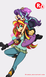 Size: 1500x2500 | Tagged: safe, artist:ryured, imported from derpibooru, starlight glimmer, sunset shimmer, equestria girls, clothes, food, happy, horseplay, human coloration, ice cream, open mouth, piggyback ride, simple background, smiling, white background