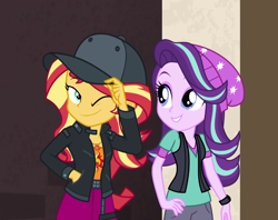 Size: 832x658 | Tagged: safe, artist:3d4d, artist:aqua-pony, edit, edited screencap, imported from derpibooru, screencap, starlight glimmer, sunset shimmer, display of affection, equestria girls, equestria girls series, mirror magic, spoiler:eqg specials, beanie, cap, clothes, geode of empathy, hat, magical geodes, one eye closed, smiling, wink