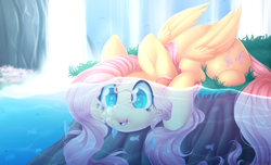 Size: 3900x2378 | Tagged: safe, artist:scarlet-spectrum, imported from derpibooru, fluttershy, fish, pegasus, pony, blowing bubbles, bubble, cute, female, folded wings, grass, mare, open mouth, pond, prone, scenery, shyabetes, solo, speedpaint available, thick, underwater, water, waterfall, watershy, wings