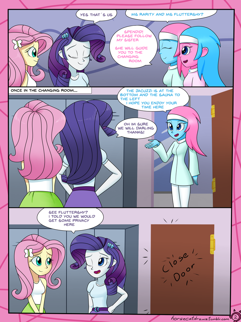 1585805 - safe, fluttershy, rarity, lotus blossom, aloe, clothes, equestria  girls, comic, skirt, equestria girls-ified, tanktop, spa twins, spa,  hairband, artist:horsecat, comic:a very normal day at the spa, definitely  not shipping -