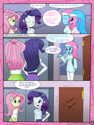 Size: 3024x4032 | Tagged: safe, artist:horsecat, imported from derpibooru, aloe, fluttershy, lotus blossom, rarity, comic:a very normal day at the spa, equestria girls, clothes, comic, definitely not shipping, equestria girls-ified, hairband, skirt, spa, spa twins, tanktop