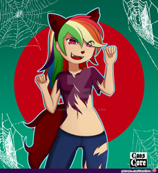 Size: 1024x1120 | Tagged: safe, artist:caoscore, imported from derpibooru, rainbow dash, human, werewolf, belly button, clothes, costume, female, halloween, holiday, humanized, midriff, open mouth, patreon, patreon logo, solo, torn clothes, watermark