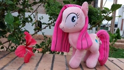 Size: 1280x720 | Tagged: safe, artist:onlyfactory, imported from derpibooru, pinkie pie, bootleg, flower, hibiscus, irl, photo, pinkamena diane pie, plushie