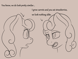 Size: 3348x2545 | Tagged: safe, artist:nudeknightart, imported from derpibooru, carrot top, golden harvest, strawberry sunrise, earth pony, pegasus, pony, brown background, bust, dialogue, duo, female, mare, monochrome, similarities, simple background