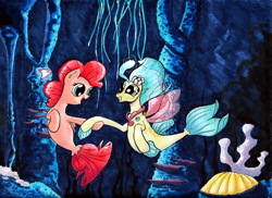 Size: 1154x842 | Tagged: safe, artist:kittyhawk-contrail, imported from derpibooru, pinkie pie, princess skystar, seapony (g4), my little pony: the movie, bubble, coral, female, flower, flower in hair, freckles, looking at each other, open mouth, seaponified, seaquestria, seashell, smiling, species swap, traditional art, underwater, water