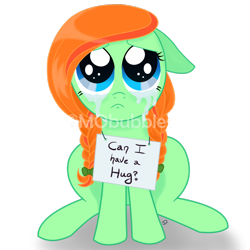 Size: 1024x1025 | Tagged: safe, artist:mobubbles, imported from derpibooru, oc, oc only, oc:spring leap, earth pony, pony, blue eyes, braid, crying, cute, female, filly, food, green pony, hug, hug request, orange, question, sad, shadow, sign, symbol, watermark