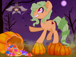 Size: 4000x3000 | Tagged: safe, artist:annakitsun3, imported from derpibooru, oc, oc only, bat, earth pony, pony, candy, commission, food, halloween, high res, holiday, looking at something, male, moon, night, pumpkin, solo, stallion