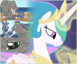 Size: 4000x3314 | Tagged: safe, artist:mlp-silver-quill, imported from derpibooru, princess celestia, oc, oc:clutterstep, oc:imani, alicorn, earth pony, elephant, pony, comic:imani, african, beach, circle, eye, magic, old friend, reading, reflection, remembering, scar, scroll