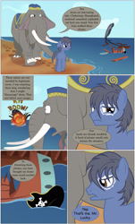 Size: 2000x3301 | Tagged: safe, artist:mlp-silver-quill, imported from derpibooru, oc, oc only, oc:clutterstep, oc:imani, earth pony, elephant, pony, comic:imani, african, beach, explosion, hat, mr. lucky, ocean, pirate hat, pirate ship, sad, ship, shipwreck, surprised, water