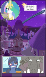 Size: 2000x3301 | Tagged: safe, artist:mlp-silver-quill, imported from derpibooru, princess celestia, oc, oc:clutterstep, oc:imani, alicorn, earth pony, elephant, pony, comic:imani, african, bloodshot eyes, canterlot, curse, day, gritted teeth, healthy lungs, night, ocean, scroll, worried