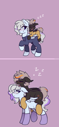 Size: 1024x2194 | Tagged: safe, artist:whitepone, imported from derpibooru, oc, oc only, oc:alyssum gale, oc:peppercorn, bat pony, pegasus, pony, age progression, annoyed, bat pony oc, clothes, comic, cute, duo, female, freckles, mare, pajamas, ponies riding ponies, riding, sleeping, smiling, socks, z, zzz