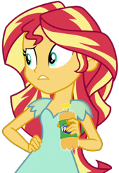 Size: 1407x2048 | Tagged: safe, artist:thebarsection, imported from derpibooru, sunset shimmer, dance magic, equestria girls, spoiler:eqg specials, beverage, bottle, clothes, confused, drink, fanta, female, not a vector, simple background, solo, transparent background, vector