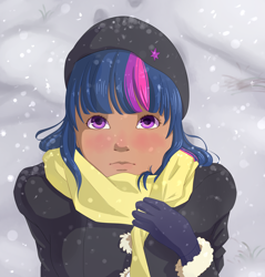 Size: 2480x2598 | Tagged: safe, artist:chiweee, imported from derpibooru, twilight sparkle, human, clothes, cute, dark skin, female, gloves, humanized, scarf, snow, snowfall, solo, twiabetes