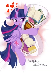 Size: 1080x1528 | Tagged: safe, artist:definisher, imported from derpibooru, twilight sparkle, alicorn, pony, bed, bibliophile, blushing, body pillow, book, cargo ship, curved horn, female, floppy ears, heart, hug, pillow, pillow hug, shipping, solo, that pony sure does love books, twibook, twilight sparkle (alicorn)