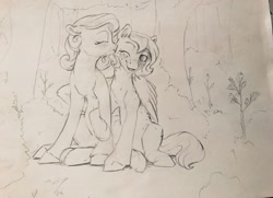 Size: 1280x925 | Tagged: safe, artist:silfoe, imported from derpibooru, princess luna, oc, oc:light heart, pegasus, pony, canon x oc, female, grayscale, lesbian, mare, monochrome, sketch, smiling, traditional art