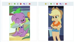 Size: 835x474 | Tagged: safe, edit, edited screencap, imported from derpibooru, screencap, applejack, spike, spike the regular dog, dog, derpibooru, equestria girls, equestria girls series, my little shop of horrors, eyes closed, female, juxtaposition, male, meta, paws, puppy