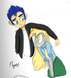Size: 1328x1453 | Tagged: safe, artist:flight-of-the-moon, deleted from derpibooru, imported from derpibooru, derpy hooves, flash sentry, equestria girls, best friends, clothes, colored sketch, cute, female, jacket, male, shirt, simple background, smiling, traditional art