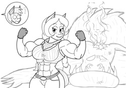 Size: 1353x941 | Tagged: safe, artist:matchstickman, imported from derpibooru, big macintosh, oc, oc:honey suckle, anthro, abs, armpits, biceps, canon x oc, clothes, flexing, gloves, jeans, lidded eyes, midriff, monochrome, monster, muscles, pants, pose, reversed gender roles equestria, smiling, victory