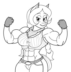 Size: 826x844 | Tagged: safe, alternate version, artist:matchstickman, imported from derpibooru, oc, oc only, oc:honey suckle, anthro, abs, anthro oc, armpits, biceps, clothes, flexing, gloves, jeans, lidded eyes, midriff, monochrome, muscles, pants, pose, solo