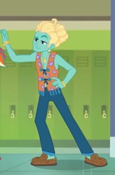 Size: 471x718 | Tagged: safe, imported from derpibooru, screencap, zephyr breeze, equestria girls, equestria girls series, overpowered (equestria girls), clothes, cropped, hippie, male, moccasins, no socks, pants, shoes, smiling, zephyr's necklace