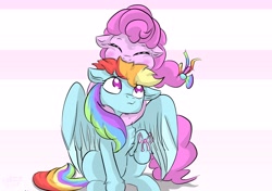Size: 4890x3442 | Tagged: safe, artist:cozmicpandawolf, imported from derpibooru, pinkie pie, rainbow dash, earth pony, pegasus, pony, absurd resolution, chest fluff, cute, diapinkes, duo, eyes closed, female, floppy ears, hug, lesbian, mare, messy mane, nom, pinkiedash, raised hoof, ribbon, shipping, simple background, sitting, smiling, snuggling