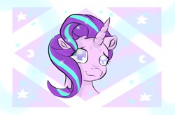 Size: 1024x674 | Tagged: safe, artist:cozmicpandawolf, imported from derpibooru, starlight glimmer, pony, unicorn, abstract background, bust, cute, female, glimmerbetes, looking at you, mare, portrait, puppy dog eyes, smiling, solo