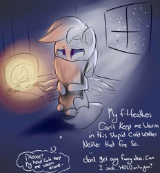 Size: 1900x2048 | Tagged: safe, artist:a8f12, imported from derpibooru, rainbow dash, pegasus, pony, covering, cute, dialogue, female, fire, fireplace, night, pillow, solo, window, winter