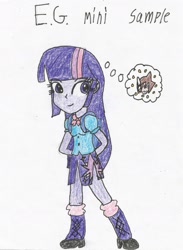 Size: 1403x1914 | Tagged: safe, artist:shawnventura, imported from derpibooru, twilight sparkle, oc, equestria girls, thought bubble, traditional art