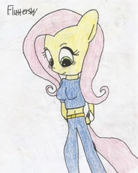 Size: 1424x1790 | Tagged: safe, artist:shawnventura, imported from derpibooru, fluttershy, anthro, belly button, breasts, busty fluttershy, female, midriff, solo, traditional art