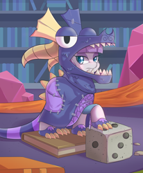 Size: 1650x2000 | Tagged: safe, artist:tikrs007, imported from derpibooru, maud pie, earth pony, pony, uncommon bond, board game, book, clothes, costume, cute, dice, dragon costume, dragon pit, female, frown, lidded eyes, looking at you, mare, maudabetes, raised hoof, solo