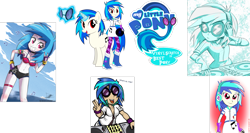 Size: 2785x1485 | Tagged: safe, artist:lisan1997, artist:livesmutanon, artist:lunchie, artist:mit-boy, artist:the-butch-x, artist:vector-brony, edit, imported from derpibooru, dj pon-3, vinyl scratch, pony, unicorn, equestria girls, armpits, belly button, best pony, collage, cutie mark, cutie mark on equestria girl, devil horn (gesture), female, glowing horn, headphones, hooves, horn, levitation, logo, logo edit, magic, mare, open mouth, red eyes, simple background, smiling, solo, sunglasses, teeth, telekinesis, text, transparent background, turntable, vector