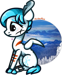 Size: 667x797 | Tagged: safe, artist:amberpone, imported from derpibooru, oc, oc only, oc:snowwhite, pegasus, pony, adult, art trade, blue eyes, blue hair, cel shading, cloven hooves, digital art, eyebrows, featherless wings, female, looking forward, mare, on the floor, paint tool sai, sad, scar, short hair, short tail, simple background, sitting, snow, solo, transparent background, winter, worried