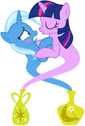 Size: 385x571 | Tagged: safe, artist:navitaserussirus, imported from derpibooru, trixie, twilight sparkle, genie, cropped, female, imminent kissing, kissing, lesbian, shipping, twixie