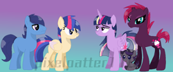 Size: 1140x475 | Tagged: safe, artist:pixelpatter116, imported from derpibooru, fizzlepop berrytwist, tempest shadow, twilight sparkle, oc, alicorn, my little pony: the movie, alternate hairstyle, family, female, lesbian, magical lesbian spawn, offspring, parent:flash sentry, parent:tempest shadow, parent:twilight sparkle, parents:flashlight, parents:tempestlight, shipping, tempestlight, twilight sparkle (alicorn), watermark