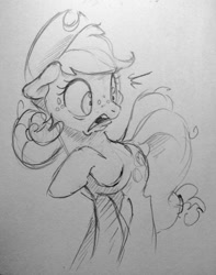 Size: 1009x1280 | Tagged: safe, artist:dilarus, deleted from derpibooru, imported from derpibooru, applejack, earth pony, pony, cowboy hat, female, grayscale, hat, looking back, mare, monochrome, pencil drawing, raised hoof, solo, surprised, traditional art