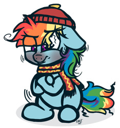 Size: 1680x1795 | Tagged: safe, artist:binkyt11, derpibooru exclusive, imported from derpibooru, rainbow dash, pegasus, pony, angry, chibi, clothes, cold, crossed arms, female, floppy ears, freezing, hat, mare, messy mane, missing cutie mark, red face, red nosed, scarf, shivering, sick, simple background, sitting, solo, transparent background