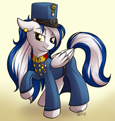 Size: 1219x1280 | Tagged: safe, artist:sugaryviolet, imported from derpibooru, oc, oc only, oc:jet stream, earth pony, pegasus, pony, austro-hungarian, clothes, commission, ear piercing, earring, female, hat, jewelry, mare, medal, pants, piercing, shirt, solo, uniform