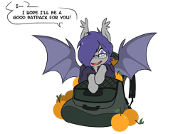 Size: 1408x1059 | Tagged: safe, artist:egophiliac, imported from derpibooru, oc, oc only, oc:dusk rhine, bat pony, backpack, bat pony oc, batpack, clothes, cute, dialogue, food, fruit, glasses, hair over one eye, happy, hoodie, looking at you, male, orange, simple background, solo, speech bubble, spread wings, stallion, transparent background, wings