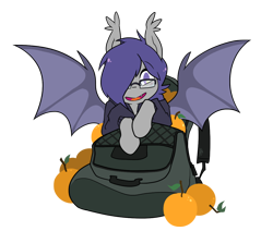 Size: 1140x968 | Tagged: safe, artist:egophiliac, imported from derpibooru, oc, oc only, oc:dusk rhine, bat pony, 2018 community collab, derpibooru community collaboration, backpack, batpack, clothes, cute, food, fruit, glasses, hair over one eye, happy, hoodie, looking at you, male, orange, simple background, solo, spread wings, stallion, transparent background, wings