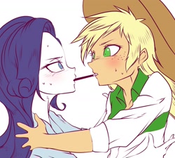 Size: 1414x1275 | Tagged: safe, artist:doktor-d, imported from derpibooru, applejack, rarity, equestria girls, applejack's hat, blushing, clothes, cowboy hat, female, food, hat, lesbian, looking at each other, pocky, pocky game, rarijack, shipping, simple background, sweat, white background