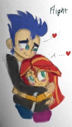 Size: 681x1199 | Tagged: safe, artist:flight-of-the-moon, deleted from derpibooru, imported from derpibooru, flash sentry, sunset shimmer, equestria girls, blushing, colored sketch, female, flashimmer, hug, male, pouting, scrunchy face, shipping, straight