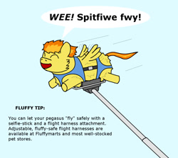 Size: 1232x1100 | Tagged: safe, artist:foxhoarder, imported from derpibooru, spitfire, fluffy pony, pegasus, pony, advertisement, flying, happy, hugbox, selfie stick