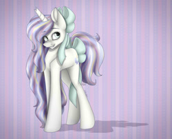 Size: 1480x1194 | Tagged: safe, artist:ggchristian, imported from derpibooru, oc, oc only, oc:lilac, pony, unicorn, bow, broken horn, female, hair bow, mare, solo, tail bow