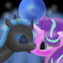Size: 1024x1024 | Tagged: safe, artist:psychicpie, imported from derpibooru, starlight glimmer, oc, oc:steel crescent, changeling, unicorn, blue changeling, blushing, canon x oc, duo, female, fin, kissing, male, moon, shipping, straight