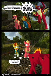 Size: 1400x2100 | Tagged: safe, artist:jamarilafouine, imported from derpibooru, big macintosh, garble, sunburst, dragon, comic:draconic potion, 3d, comic, dialogue, english, membranous wings, multicolored hair, wings