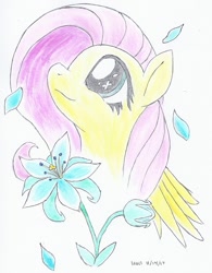 Size: 740x950 | Tagged: safe, artist:astevenamedwolf, imported from derpibooru, fluttershy, pegasus, pony, bust, female, flower, looking away, looking up, petals, portrait, smiling, solo, traditional art, wings