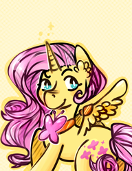 Size: 3000x3900 | Tagged: safe, artist:mikenlos, imported from derpibooru, fluttershy, alicorn, pony, alicornified, ear fluff, element of kindness, female, fluttercorn, looking sideways, race swap, raised hoof, smiling, solo, spread wings, wings